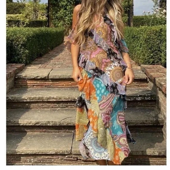 Zara Multi-Color Ruffle Halter Maxi Dress - Picture 2 of 3